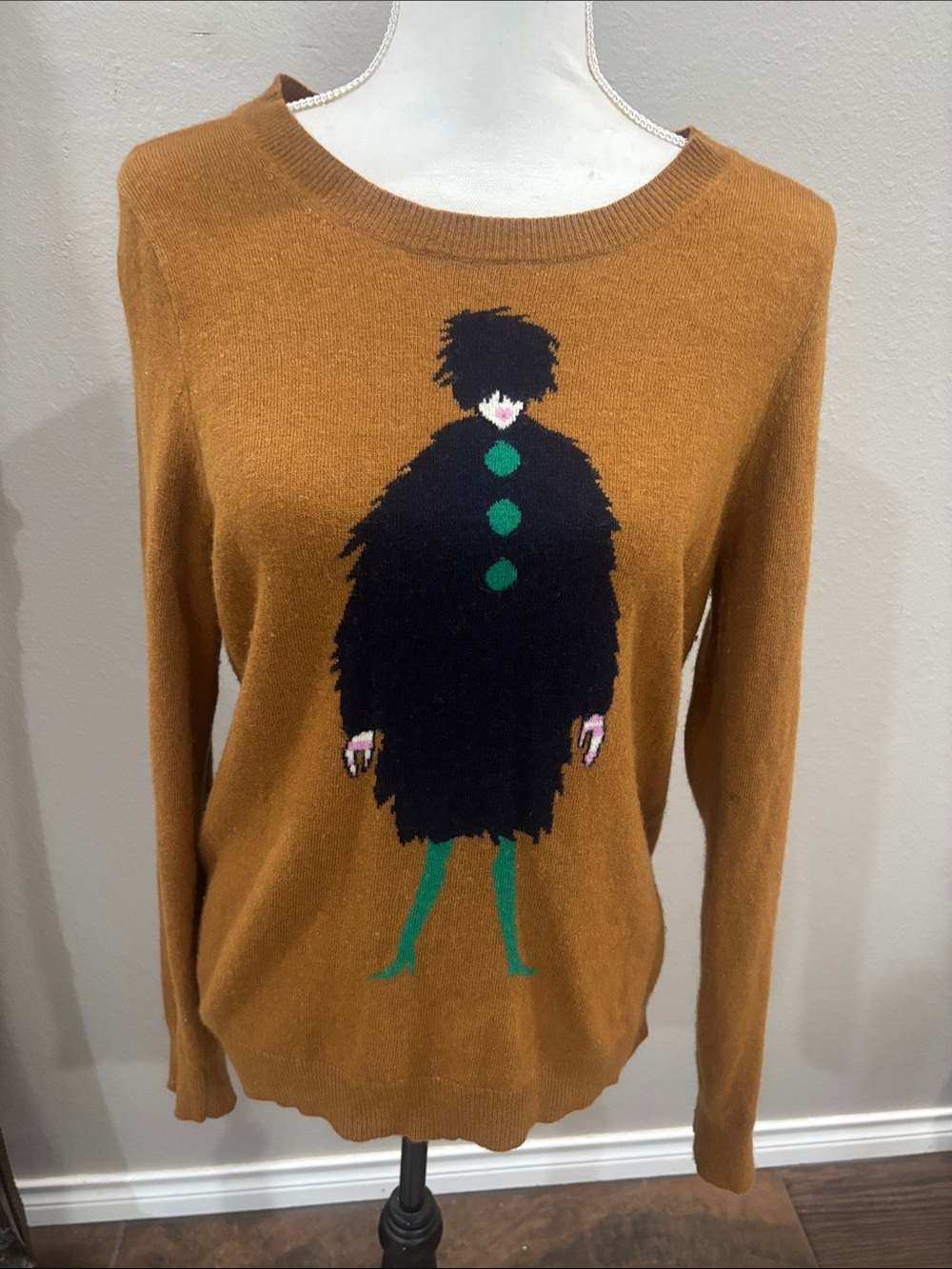 J. Crew Brown Crewneck Sweater with Black & Green Graphic